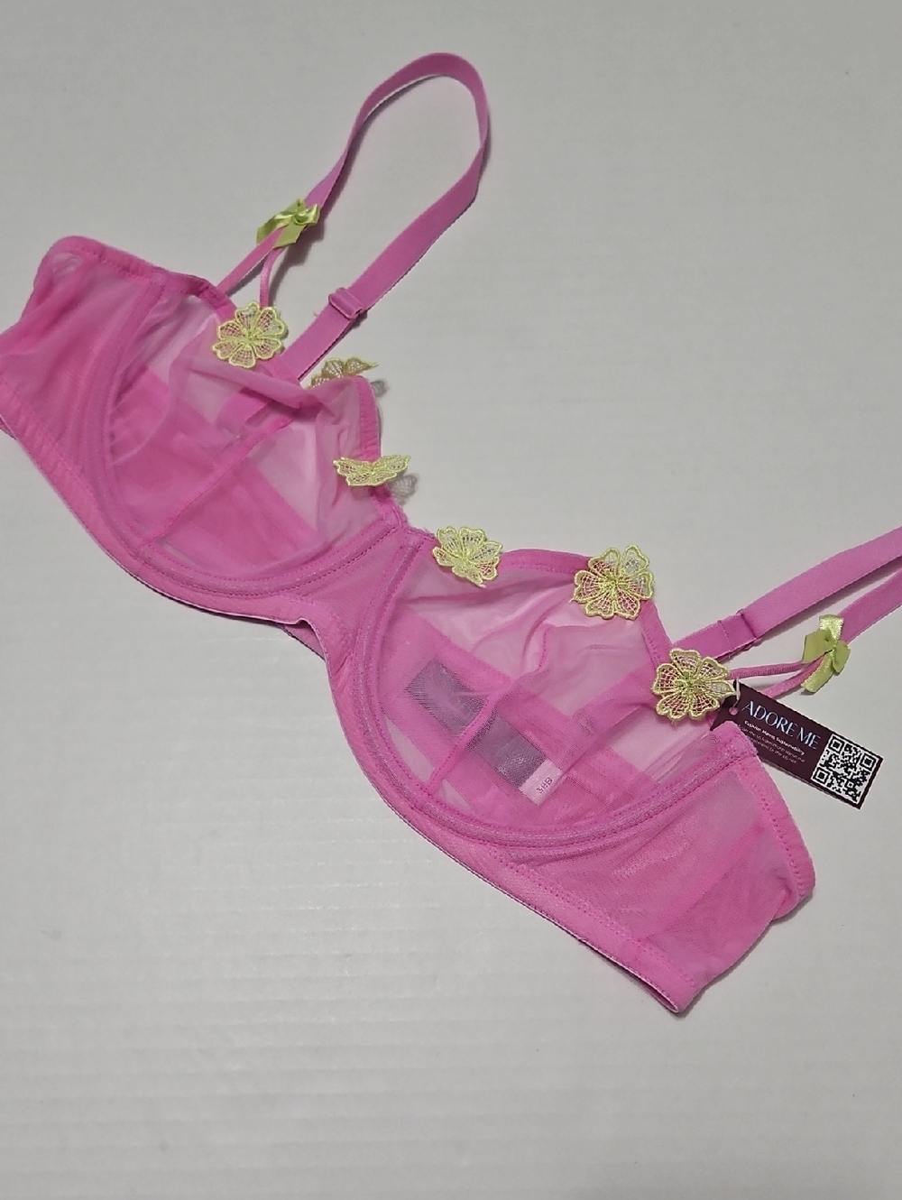 Adore Me Hot Pink Sheer Underwire Bra with Lemon Floral Appliques Size 38B